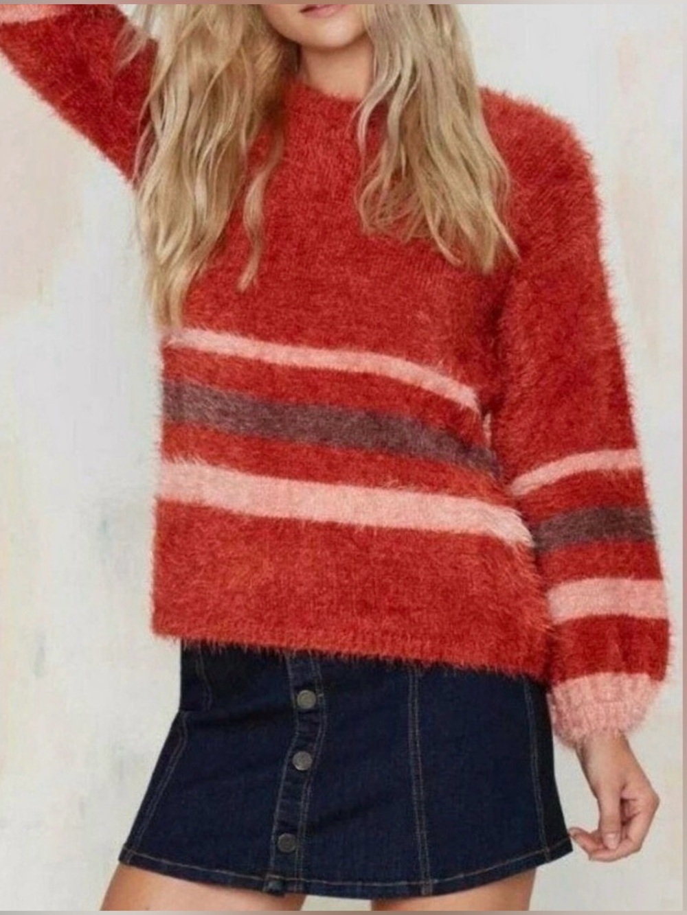 For Love & Lemons Knitz Rust Shaggy Bishop Sleeve Striped Sweater Size S